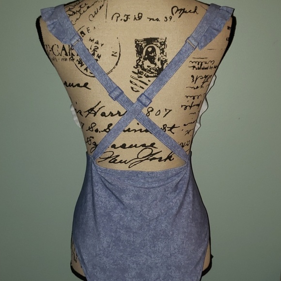 New Aerie Denim Overall Ruffle One Piece Swimsuit - Picture 7 of 8